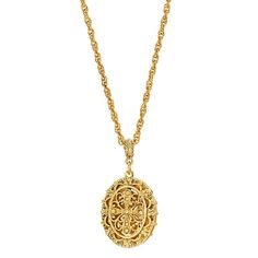 This beautiful double-sided filigree locket necklace is a unique, vintage-inspired accent for any outfit. This beautiful double-sided filigree locket necklace is a unique, vintage-inspired accent for any outfit. Clasp: lobster claw Metal: alloy Chain length: 30 in. Plating: gold tone Finish: polished Locket length: 1.8 in. Not appropriate for children 14 years old and younger. Size: One Size. Gender: female. Age Group: adult. Elegant Gold Filigree Locket Necklace, Elegant Antique Gold Locket Necklace With Intricate Design, Victorian Medallion Locket Necklace With Filigree, Victorian Filigree Medallion Locket Necklace, Ornate Oval Pendant Necklace With Vintage Charm, Victorian Filigree Necklace For Keepsake, Victorian Style Filigree Medallion Locket Necklace, Victorian Style Medallion Locket Necklace With Filigree, Ornate Oval Pendant Locket Necklace