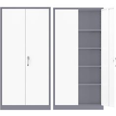 an open bookcase with two doors on the front and one closed door on the back