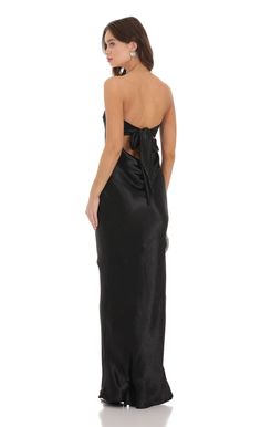 Strapless Satin Open Back Dress in Black | LUCY IN THE SKY Satin Open Back Dress, Satin Prom Dress Long, Open Back Black Dress, Black Strapless Maxi Dress, Plunging Neck Dress, Black Sparkly Dress, Queen Dresses, Winter Formal Dresses, Prom Queen