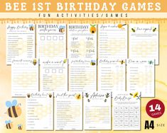 bee 1st birthday games for kids with bees and honeybees on them, including an activity