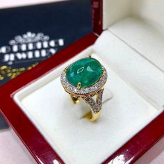 "ENJOY OUR WORRY-FREE SERVICE AND THE DAZZLING, GENUINE JEWELRY WE DESIGN AND HANDCRAFT WITH LOVE❤️ ABOUT THE ITEM: This ring is the perfect combination of elegance, beauty, and INVESTMENT VALUE! With a TRANSPARENT, 6.50 carats, VIVID FOREST GREEN emerald, and 52 extremely sparkling diamonds. The 18K yellow gold ring was deliberately designed and handcrafted by our boutique's in-house goldsmiths. You will love this gorgeous piece as much we do. And people will absolute adore it once they see the Timeless Diamond Rings With Cabochon, Oval Yellow Gold Halo Ring Gia Certified, Classic Diamond Cabochon Ring, Classic Diamond Ring With Cabochon Cut, Luxury Gold Emerald Round Ring, Luxury Gold Emerald Ring, Classic Gold Cabochon Diamond Ring, Classic Gold Diamond Ring With Cabochon, Luxury Yellow Gold Emerald Ring With Oval Cabochon