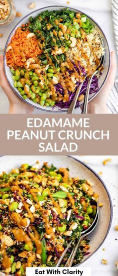 two plates filled with different types of food and the words edamame peanut crunch salad