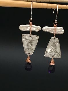 "These earrings are from my Nature Line. These earrings are made up of 14k Rose gold fill wire, .999 fine silver Art Clay, Fresh Water Biwa Pearls, and Amethyst. They are suspended from round French ear wires in .925 Sterling silver. These earrings will hang 2.25\" inches from the top of the ear wire to the bottom of the Amethyst. These earrings will come gift boxed. Hand crafted in the USA by me!" Nature Line, Metal Forming, Biwa Pearls, Lapis Lazuli Earrings, Artisan Necklace, Mixed Metal Jewelry, Jasper Earrings, Beach Boho, Artisan Earrings