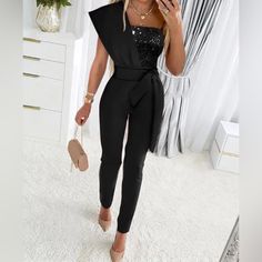 Make A Bold Statement In This One-Shoulder Jumpsuit. Features: Gorgeous, Chic Sequin Details Self-Tie Waist Belt One-Shoulder Detail Hidden Zipper Material: 95% Polyester, 5% Spandex Women's Jumpsuit, Summer Playsuit, One Shoulder Jumpsuit, Party Bar, Bodycon Jumpsuit, Jumpsuit Elegant, Gradient Design, Estilo Chic, Jumpsuit Party