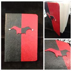 three different pictures of a red and black book with the bat cut out on it