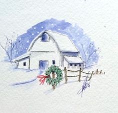 a watercolor painting of a white barn in the snow with a wreath on it