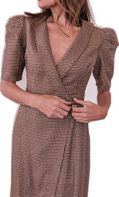 Classic V-neck Blazer Dress For Semi-formal, Chic V-neck Dress With Buttons, Elegant Fitted V-neck Outerwear, Chic V-neck Office Dress For Fall, Fitted V-neck Double-breasted Blazer Dress, Business V-neck Dresses With Button Closure, Chic V-neck Midi Dress For Business, Elegant Brown V-neck Dress For Spring, Winter V-neck Midi Dress With Button Closure