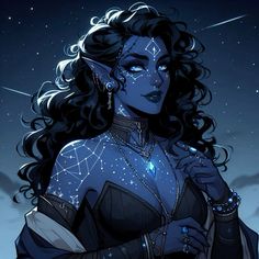 an image of a woman with stars on her face and body, standing in front of the night sky