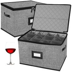 two gray storage boxes with wine glasses in them