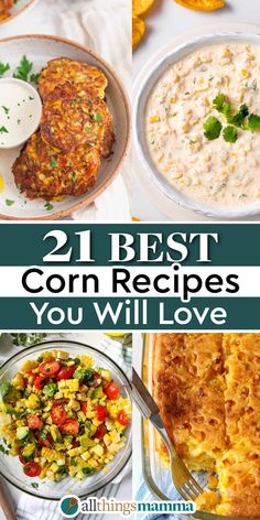 4-image collage showing 4 different types of recipes using corn as the main ingredient. Veggie Side Dishes Stove Top, Sides With Corn, Italian Corn Recipes, Corn Main Dish Recipes, Corn Sides Thanksgiving, Corn Dishes Recipes, Corn Side Dish Recipes, Corn Sides, Recipes With Corn