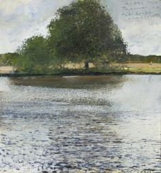 an oil painting of a tree by the water's edge with writing on it