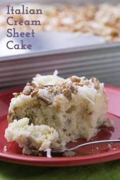 a piece of italian cream sheet cake on a red plate