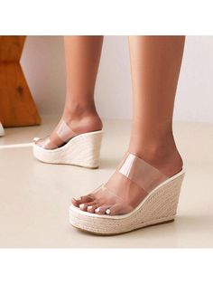 4.1" espadrille wedge heel; 1.37" platform (size 6)Peep-toe slide espadrille platform clear wedge sandals with simple design perfect for women, and a best gift!These platform sandals are perfectly matched with jeans, dresses, short skirts, slacks, shorts, skirts in various occasions.Non-slip sole provides you with extra stability, with the espadrille platform balance the wedge-shaped heel and the reasonable design slopeWhen You Wear These Straw Wedge Sandals, The Pressure Is Distributed Througho Clear Wedges, Mules Sandals, Slip On Espadrilles, Espadrilles Platform, Shorts Skirts, Espadrille Wedge, Wedge Heel Sandals, Mule Sandals, Dresses Short