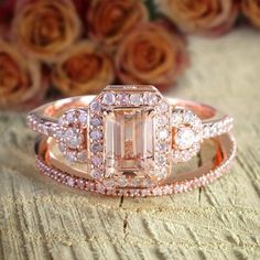 A perfect handmade Huge Sale 2.50 Carat 7x5mm Emerald Cut Morganite and Diamond Moissanite Halo Bridal Wedding Ring Set Designer Style with 18k Gold Plating in 925 Silver with Rose Gold Plating affordable morganite and moissanite Diamond Moissanite bridal ring set Halo Style. Peach Pink Morganite is true of character, the vibrant hues reminiscent of the radiant sunset.Inspired by the true harmony of love, the delicate design of the Engagement Ring in 925 Silver with Rose Gold Plating has been en Radiant Cut Morganite Wedding Jewelry, Gia Certified Rose Gold Wedding Diamond Ring, Morganite Radiant Cut Jewelry For Anniversary, Radiant Cut Topaz Ring For Wedding, Morganite Rings Gia Certified For Anniversary, Wedding Topaz Ring With Radiant Cut Center Stone, Rose Gold Gia Certified Wedding Jewelry, Radiant Cut Topaz Ring With Center Stone For Wedding, Wedding Radiant Cut Topaz Ring With Center Stone