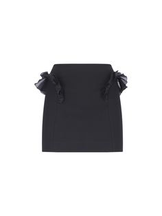 Nensi Dojaka ruffle mini skirt in black fabric with back zip closure, tone-on-tone ruffle detail on the sides, straight hem. Composition: 83% Viscose, 12% Polyester, 5% Elastane Elegant Mini Skirt With Ruffled Detail, Elegant Mini Skirt With Ruffles For Workwear, Elegant Ruffled Mini Skirt For Workwear, Lined Mini Skort For Evening, Chic Formal Bottoms With Ruffles, Evening Mini Skort With Lined Skirt, Chic Ruffled Bottoms For Formal Occasions, Elegant Ruffled Mini Skirt For Formal Occasions, Mini Ruffled Skirt For Evening