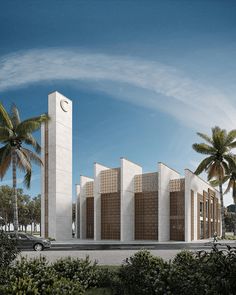 an architectural rendering of a building in the middle of palm trees