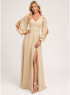 JJ's House Bow Chiffon V-Neck Fall A-line Plus General Leg Slit Back Zip V Back Sweet & Flow Modest Coquette Champagne Height:5.8ft（176cm） Bust:32in（82cm）Waist:24in（61cm）Hips:35in（89cm） Floor-Length Yellow Long Sleeve Bridesmaid Dress. #JJ's House #Bow #Chiffon #VNeck #Fall #Aline #Plus #General #LegSlit #BackZip #VBack #Sweet&Flow #Modest #Coquette #Champagne #FloorLength #Yellow #LongSleeve #BridesmaidDress Bow Silhouette, Backless Bridesmaid Dress, Lace Chiffon Bridesmaid Dress, Short Red Prom Dresses, Long Sleeve Bridesmaid Dress, Prom Dresses Long Lace, Floor Length Chiffon Bridesmaid Dresses, Affordable Prom Dresses, Two Piece Homecoming Dress