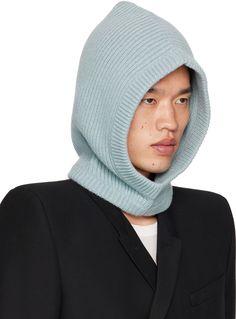 Rib knit boiled recycled cashmere- and wool-blend hood in blue. Supplier color: Pale blue Blue Ribbed Knit Outerwear, Blue Rick Owens, Blue Soft Knit Hat, Blue Wool Beanie, Blue Nylon Hooded Jacket With Double-lined Hood, Rick Owens Drkshdw, Knitted Hood, Pale Blue, Rick Owens