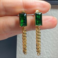 Gorgeous Pair Of Unique Luxury Boutique Earrings, That You Will Be Sure To Receive Many Compliments On! Boutique Quality Gold Plated Over Stainless Steel Chain Links Complete With Beveled & Captivating Simulated Green Emerald Cz Gemstones. Genuine Natural Emeralds Of This Size Would Cost $1,000’s! Buy 2, Get 1 On All Jewelry Items From My Closet! (Free Item Will Be Of Equal Or Lesser Value) Check Out My Other Unique Boutique Jewelry! Gold Plated Over Stainless Steel Boutique Quality Alloy, Hypoa Party Green Gold-plated Earrings, Dangle Earrings With Plating As Gift, Formal Green Earrings With Metal Plating, Green Gold-plated Earrings For Anniversary, Green Plated Earrings For Formal Occasions, Green Gold Plated Earrings For Anniversary, Elegant Metal Jewelry For May Birthstone, Formal Green Plated Earrings, Anniversary Green Gold-plated Earrings