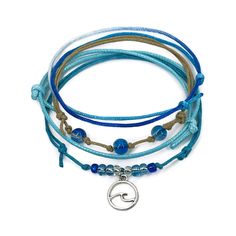 Blue wave charm bead bracelet with an adjustable string design, featuring a silver wave charm and blue bead accents, perfect for ocean lovers and beach enthusiasts. Adjustable Silver Bracelets With Ocean-inspired Style, Adjustable Silver Bracelet With Ocean-inspired Style, Adjustable Silver Ocean-inspired Bracelets, Silver Adjustable Ocean-inspired Bracelets, Trendy Blue Bangle Jewelry, Elegant Blue Wrap Bracelet As A Gift, Elegant Blue Wrap Bracelet As Gift, Blue Bangle Bracelets For Beach, Adjustable Blue Ocean-inspired Friendship Bracelets