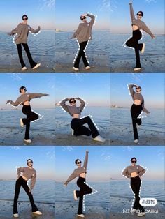 a woman doing yoga poses on the beach