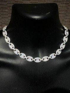 Men's custom gucci link choker chain 
We have both 18” and 20” please tell us your desired length when ordering or we ship 18” as default 
 
20ct vvs man made Diamonds (can't tell the difference from natural diamonds without a microscope)
 
12mm thick
65 grams HEAVY!!!
Solid 925 Sterling Silver 
Marked 925
 
This piece is entirely hand made and takes roughly 40 hours to make. Over 1000 stones that were all set by hand!!! Black Diamond Bracelet, Hip Hop Chains, Cuban Link Necklace, Choker Chain, Engraved Pendant, Tennis Chain, Photo Pendant, Necklace Diamond, Man Made Diamonds