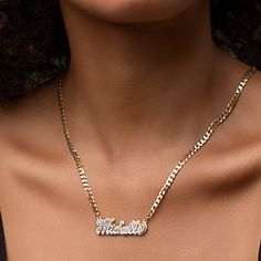 Our popular Double Plated Iced Out Script Name Necklace boasts a chic and elegant design, handcrafted to perfection. The model showcases the necklace with an 18-inch Cuban chain (see image for reference). Chain width:Cuban Chain - 3.7 mmFigaro Chain - 3 mm Closure: All chains are fitted with a lobster clasp. Metal Selection: Gold Plated Silver Plated Sterling silver 14k gold plated over sterling silver 10k solid gold - (NAMEPLATE ONLY)14k solid gold - (NAMEPLATE ONLY) Elegant Personalized Chain Link Necklace, Elegant Personalized Chain Link Necklaces, Elegant Personalized Metal Chain Necklace, Modern Personalized Metal Necklace, Elegant Metal Name Necklace With Adjustable Chain, Elegant Name Necklace With Adjustable Chain, Elegant Personalized Cuban Link Chain Necklace, Elegant Metal Name Necklace For Anniversary, Elegant Personalized Link Necklaces