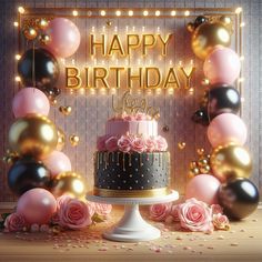 a birthday cake sitting on top of a table next to balloons and confetti