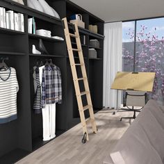 a ladder leaning up against a wall next to a bed and bookshelf with clothes on it