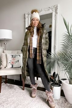 Casual winter look - long puffer coat with fur boots, scarf and beanie styled by Eileen Lazazzera of YesMissy Womens Long Puffer Coat, Boots With Fur Outfit, Long Puffer Jacket Outfit Winter Style, Long Puffer Outfit, Long Puffer Coat Outfit, Puffer Jacket Outfit Winter Style, Long Puffer Jacket Outfit, Puffer Coat Style, Puffer Coat Outfit