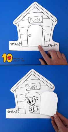 two pictures of a dog house with the words pup written on it and someone holding up a piece of paper