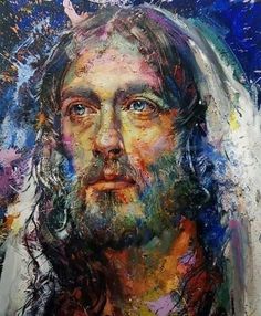 a painting of jesus with long hair and beard