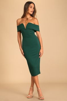 Dark Green Midi Dress - Off-the-Shoulder Dress - Bodycon Dress - Lulus Forest Green Cocktail Dress, Green Cocktail Dress Outfit, Wedding Guest Fall Dress, Quinceañera Outfits, Fall Cocktail Dress Wedding Guest, Cocktail Dresses Classy, Cocktail Attire Wedding Guest, Dark Green Cocktail Dress, Emerald Cocktail Dress