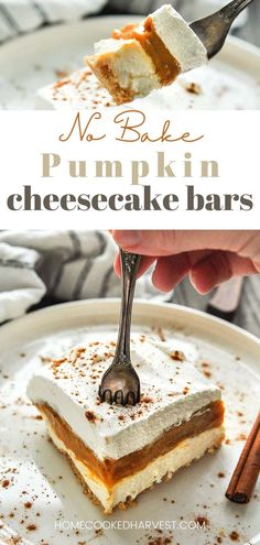 no bake pumpkin cheesecake bars on a white plate