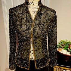 Jmd New York Vintage Embellished Beaded Sheer Cardigan Cover Labyrinth Pattern See Thorough Crop Duster Gorgeous Piece Rare Bolero Shrug Shawl Cardigan Over Cover Top/Blouse Camisole Tunic Hide Tummy Travel Vacation Beach Work Casual Summer Blazer Very Versatile Outdoor Wedding Guest Formal Evening Cocktail Party Rave Whimsgoth Special Occasion Event Sz Ps Fits Regular Women Size Gold Black All Sales Are Final Elegant Sequined Cardigan For Fall, Elegant Winter Tops With Sequins, Elegant Sequined Winter Tops, Elegant Sequin Cardigan, Elegant Winter Sequin Tops, Elegant Sequined Tops For Winter, Elegant Winter Cardigan With Sequins, Long Sleeve Sequined Evening Cardigan, Elegant Long Sleeve Embellished Tops