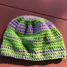 Green /Lavender Color Combo. Adjustable Purple Casual Beanie, Adjustable Casual Purple Beanie, Purple Yarn Beanie Hat, Purple Beanie Hat, One Size, Purple One Size Beanie Hat, Purple Yarn Cap, Casual Purple Crochet Hat, Casual One-size Purple Crochet Hat, Purple Yarn Hats For Spring