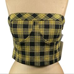 Yellow And Black Plaid Cropped Bustier From Meraki In Size Large. Padded Cups And Strapless, New With Tags Attched. 10” Length 17” P/P (R) Alternative Fits, Dressy Crop Top, White Mesh Top, Riverside Cottage, White Bustier, Punk Rock Outfits, Strapless Bustier, Strapless Crop Top, Puff Sleeve Crop Top