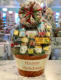 a gift basket filled with assorted holiday treats