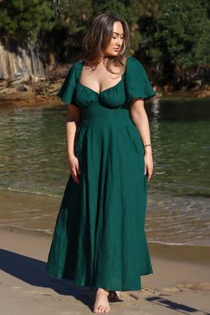 Bridgette Forest Green Dress Womens Linen Dresses, Forest Green Dress, Forest Green Wedding, Elastic Shirring, Green Linen Dress, Forest Green Dresses, Tencel Dress, Wedding Guest Outfit Fall, Emerald Dresses