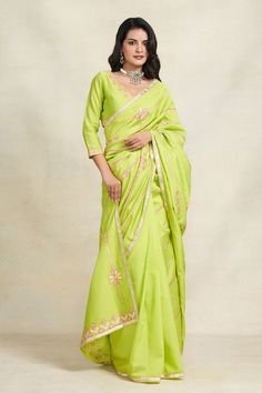 Lime green saree with geometric, floral placed gota embellishments. - Aza Fashions Lime Green Saree, Holi Outfit, Saree Women, Chanderi Sarees, Chanderi Saree, Saree For Women, Green Saree, Aza Fashion, Lime Green