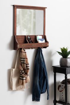 a mirror and coat rack on a wall next to a table with a potted plant