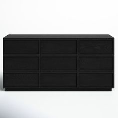 a black cabinet with six drawers on one side and two doors on the other end