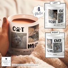 a person holding a coffee mug with cats on it and the caption cat me right next to them