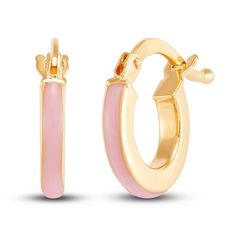 Dazzling pink enamel adorns the fronts of these contemporary children's hoop earrings. Fashioned in 14K yellow gold, the earrings secure in place with hinged backs. Birthday Stuff, Jared The Galleria Of Jewelry, Pink Enamel, Gold Bracelet, Jewelry Earrings, Hoop Earrings, Yellow Gold, My Style, Yellow