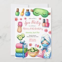 a birthday party card with spa items on the front and in the back, there is an illustration of a woman's face