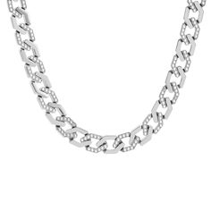 B.Tiff Pavé High Polish Flat Angular Cuban Link Necklace This remarkable necklace showcases angular links with refined lines, creating a sleek, mechanical-inspired aesthetic that effortlessly elevates your style. Adorned with dazzling pavé diamond alternatives, this necklace promises a brilliant display of shimmer and extravagance.Versatile and captivating, this bold statement necklace can be worn alone or paired with complementary pieces to amplify your look. This heavyweight solid Cuban chain Luxury Cuban Link Necklace With Solid Link Construction, Elegant Cuban Link Necklace With Solid Construction, Luxury Cuban Link Stainless Steel Chain Necklace, Luxury Tarnish-resistant Cuban Link Necklace, Luxury Gold-plated Tarnish-resistant Cuban Link Necklace, Bold Statement Necklaces, Cuban Link Necklace, Cuban Link Chain Necklaces, Inspired Aesthetic