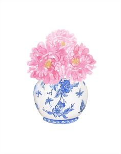 a painting of pink flowers in a blue and white floral vase on a white background