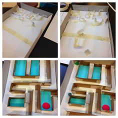 the process of making a paper box with tape and glue is shown in three different stages