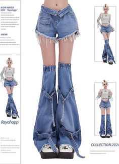 [Brand] Rayohopp   ■ Details   Denim pants set consisting of shorts and leg warmers.  This super cute item will easily give you a Y2K look and is super trendy.  It is easy to use as a single item and can also be easily incorporated into grunge fashion, so we recommend it.   ■ Color    blue / black   ■ Fabric   cotton (80%) / viscose (20%)   ■ Model Size   M / 165cm / 48kg   *There may be individual differences depending on preferences and body type.   ■ Size            Size (cm)        Waist        Total Length        Hip              S        63        twenty five        88              M        67        26        92              L        71        27        96              XL        75        28        100 Leg Warmer Reference, Jeans With Shoelace Belt, Leg Warmers With Crocs, Denim Dress Y2k, Flare Pants Drawing, Pant Ideas For Women, Cool Clothes Ideas, Flared Legwarmers, Leg Warmers Over Jeans