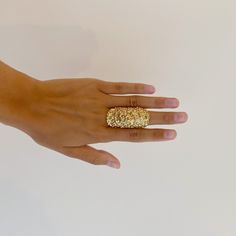 Details: Materials: Pewter hand-dipped in 14K gold plate Measurements: 2" Carved Ring, Textured Ring, Plate Size, Gold Rings, Gold Plate, Carving, Size 7, Ring, Gold